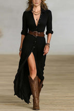 Women's Imitation Cotton And Linen Pleated Lapel Single-breasted Long-sleeved Maxi Dress