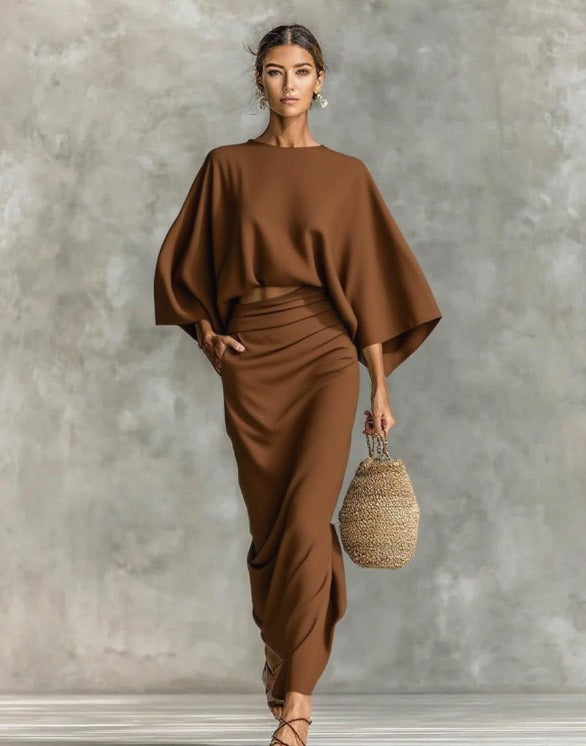 Women's Cotton And Linen Blend Bat Sleeve Long Skirt Two-piece Set