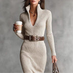 Women's Slim Fit Half Turtleneck V-Neck Long Sleeve Knitted Belted Midi Dress