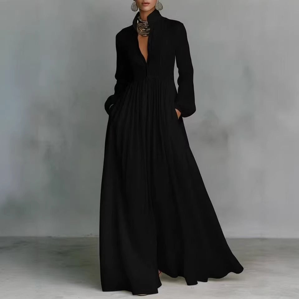 Women's Minimalist Cotton And Linen Patchwork Single-breasted Stand-up Collar Long-sleeved Maxi Dress