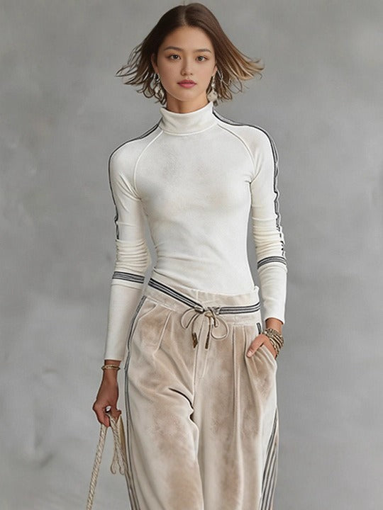 Women's Sports Half-high-neck Long-sleeved T-shirt Drawstring Wide-leg Pants Two-piece Set