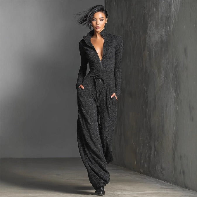 Women's Elegant Knit Sparkling Zipper Front Jumpsuit