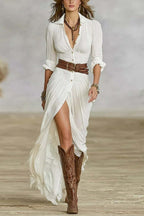 Women's Imitation Cotton And Linen Pleated Lapel Single-breasted Long-sleeved Maxi Dress