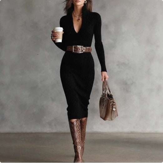 Women's Slim Fit Half Turtleneck V-Neck Long Sleeve Knitted Belted Midi Dress