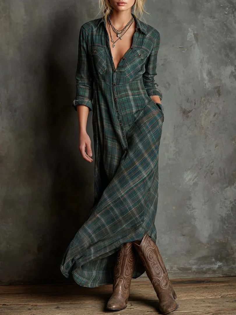 Women's Plaid Lapel Single-Breasted Shirt Maxi Dress