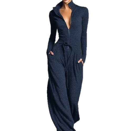 Women's Elegant Knit Sparkling Zipper Front Jumpsuit