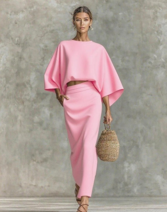 Women's Cotton And Linen Blend Bat Sleeve Long Skirt Two-piece Set