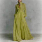 Women's Minimalist Cotton And Linen Patchwork Single-breasted Stand-up Collar Long-sleeved Maxi Dress