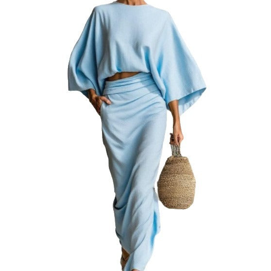 Women's Cotton And Linen Blend Bat Sleeve Long Skirt Two-piece Set
