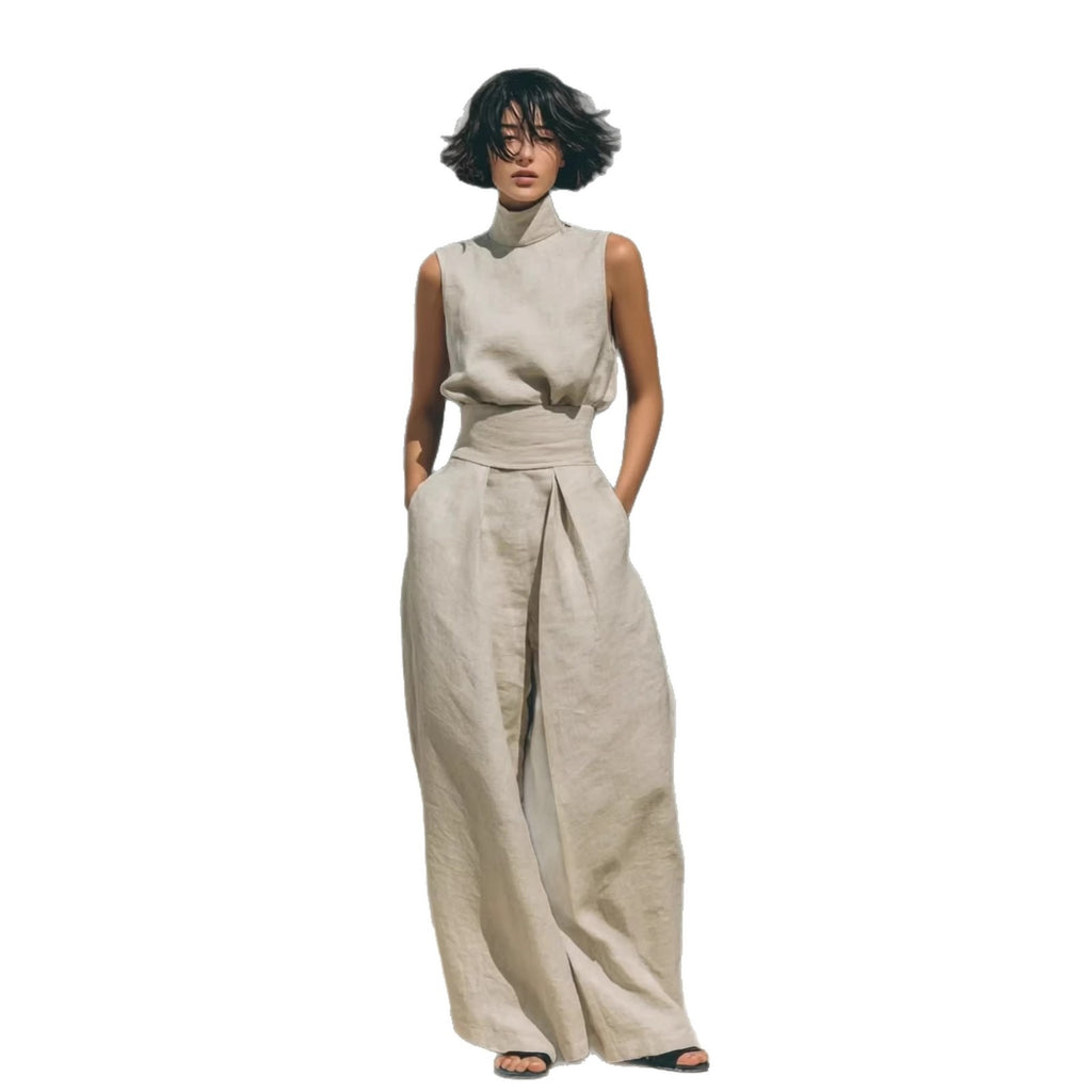Women's Minimalist Cotton And Linen Blend Sleeveless Blouse And Wide-leg Pants Set