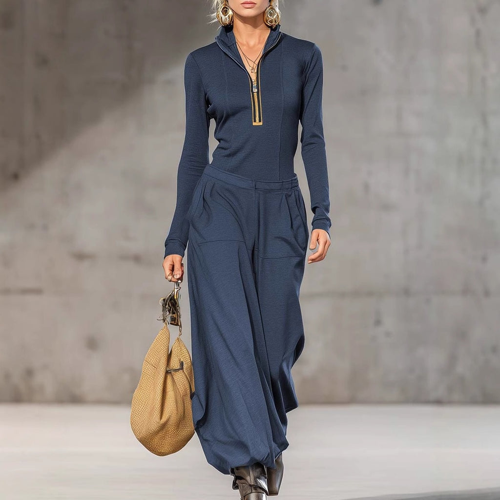 Women's Sports Cotton Blend Half-high Collar Zipper Loose Maxi Dress