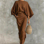 Women's Cotton And Linen Blend Bat Sleeve Long Skirt Two-piece Set