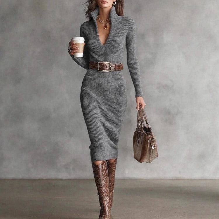 Women's Slim Fit Half Turtleneck V-Neck Long Sleeve Knitted Belted Midi Dress