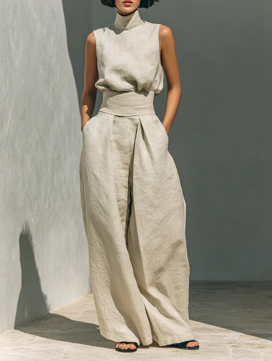 Women's Minimalist Cotton And Linen Blend Sleeveless Blouse And Wide-leg Pants Set
