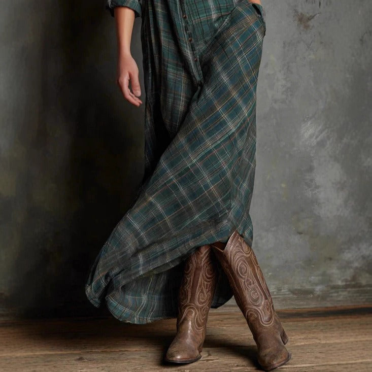 Women's Plaid Lapel Single-Breasted Shirt Maxi Dress